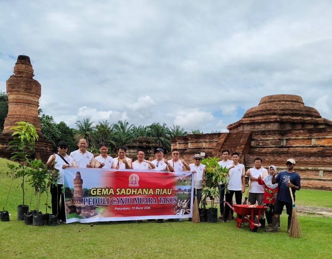 Gema Sadhana Riau menggelar aksi sosial bertajuk "Bersatu, Bergerak, dan Membangun Negeri" di kompleks Candi Muara Takus, Kabupaten Kampar, Minggu (15/3/2026). Foto Ist
